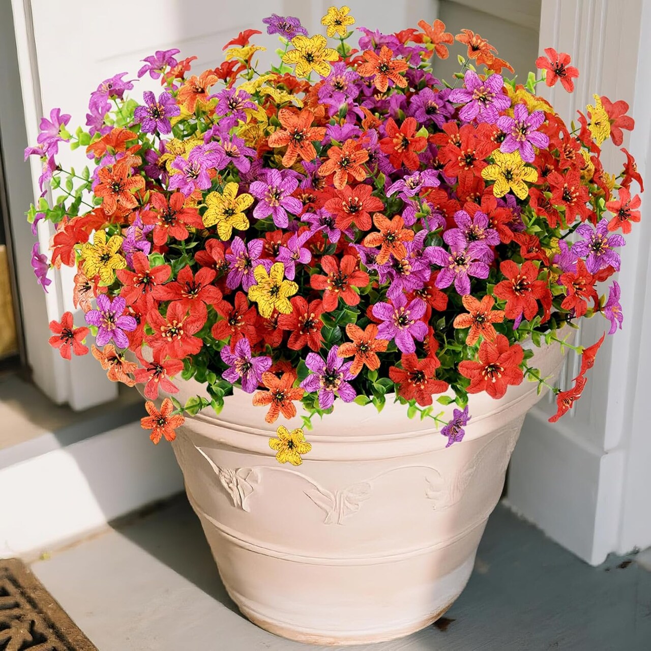 Summer Potted Artificial Flowers for Outdoors, 12 Bundles Multicolor Faux Silk Flower Spring Summer Decoration